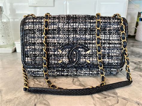 Chanel Tweed Snakeskin Quilted Medium CC Filigree Flap 